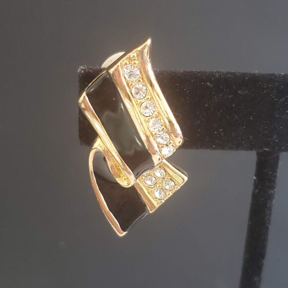 Swarovski Black Ribbon Crystal Clip-On Earrings Enamel Swan Signed Gold Plate - Picture 2 of 6